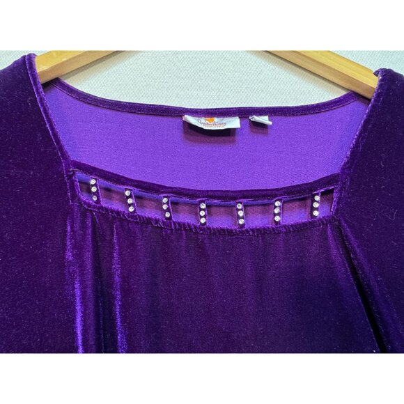 Quacker Factory Velvet Blouse Womens XL Purple 3/4 Sleeve Rhinestone Square Neck - Picture 5 of 12